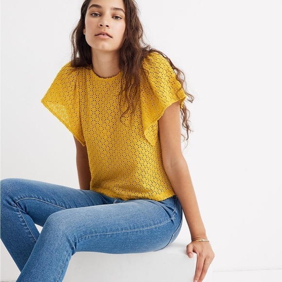 Madewell Texture & Thread Eyelet Flutter-Sleeve Top‎ in Yellow Size Small - Picture 1 of 8